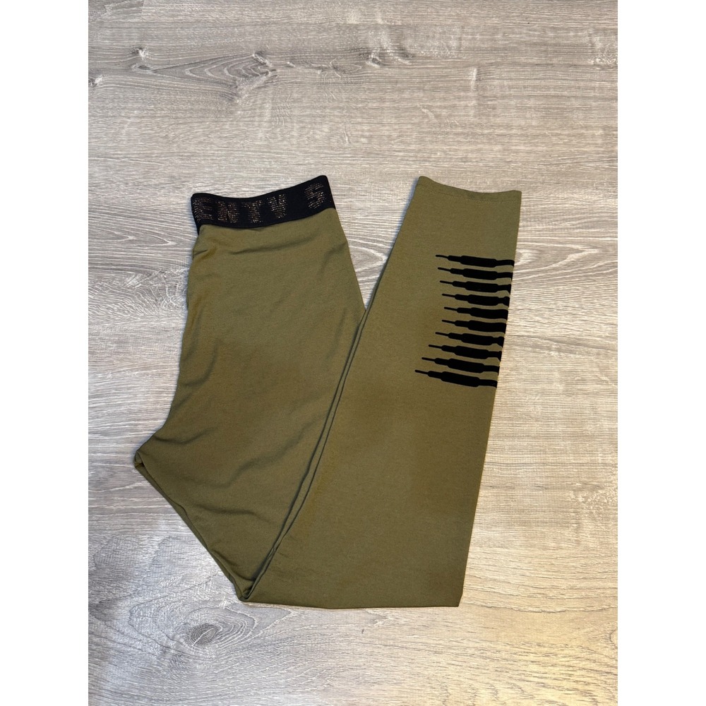 Savage X Fenty Olive Green Graphic Leggings Glitter Waistband Large